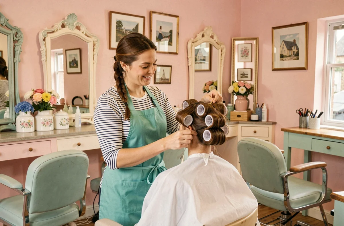 Coiffeuse conviviale réalisant une mise en plis traditionnelle dans le salon A la Coiffe à Carhaix, avec une décoration intérieure rétro et des œuvres bretonnes