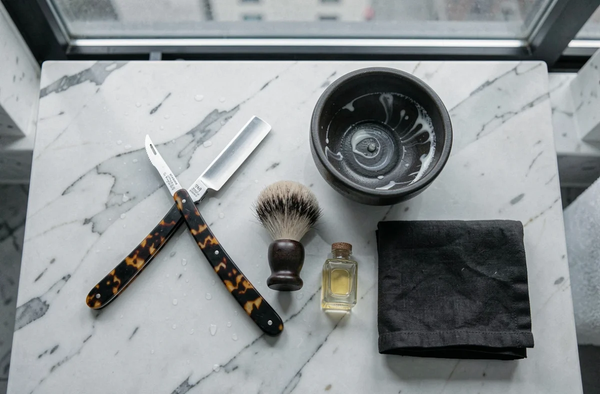 Flat lay d'accessoires de rasage traditionnel incluant rasoir droit, blaireau et bol à savon sur marbre blanc