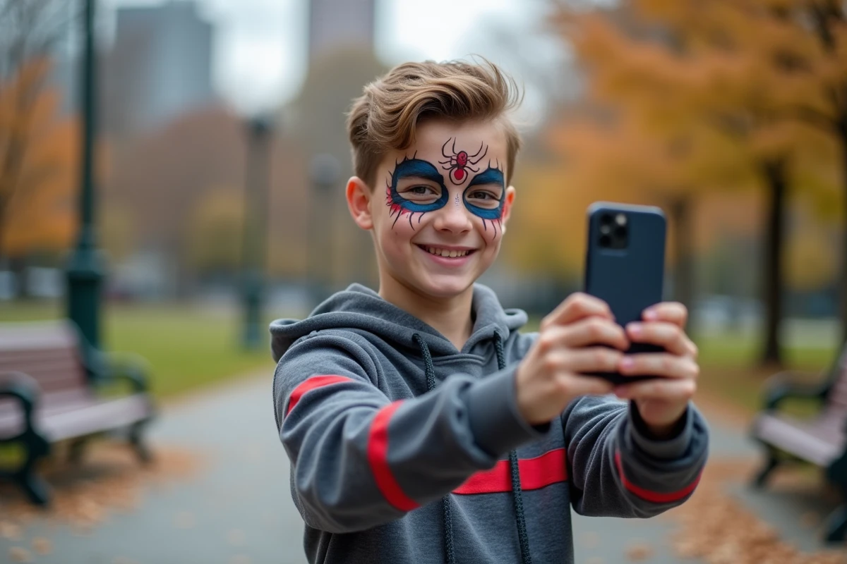 Adolescent prenant selfie avec maquillage araignee