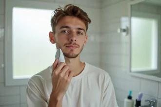 Adolescent tenant un rasoir électrique Gillette dans une salle de bain, découvrant son premier rasage