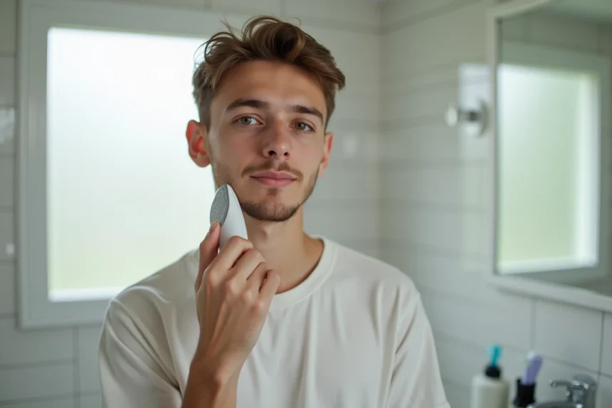 Adolescent tenant un rasoir électrique Gillette dans une salle de bain, découvrant son premier rasage
