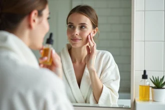 Femme aux peaux sensibles appliquant une huile hydratante visage en gouttes devant un miroir de salle de bain