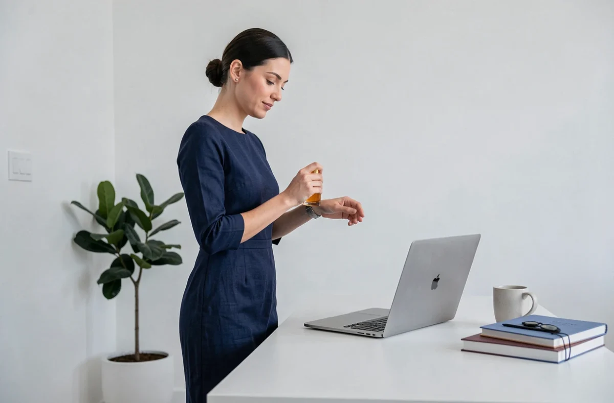 Femme appliquant un parfum Zara sur son poignet à son bureau minimaliste, tenue marine et environnement de travail contemporain