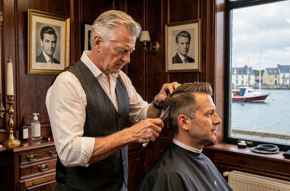 Coiffeur expérimenté réalisant une coupe de précision dans le salon raffiné Armand Laurent Coiffeur à Concarneau, avec vue sur le port en arrière-plan