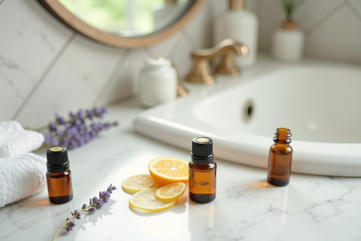 Disposition d huiles essentielles et botanique sur marbre