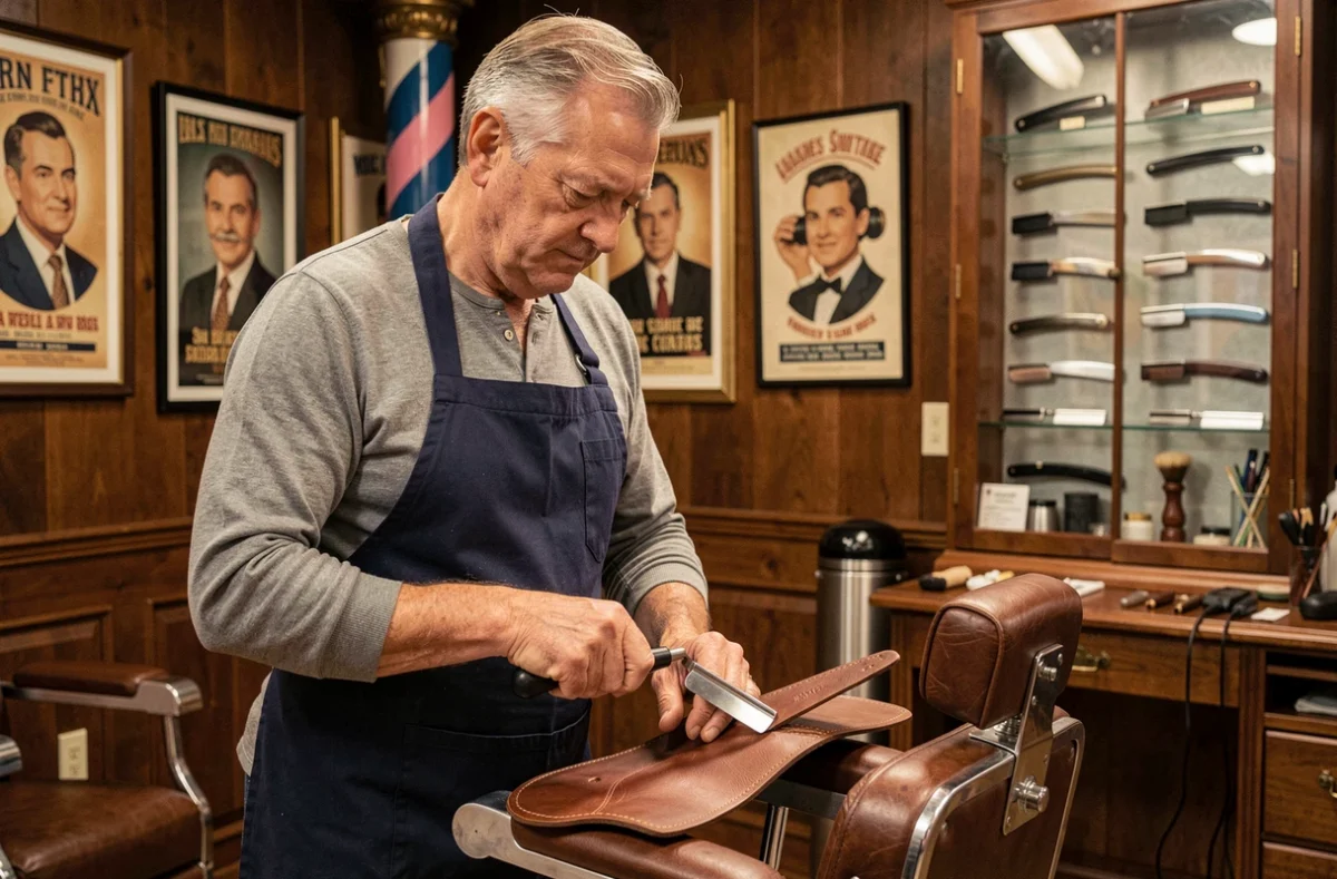 Barbier expérimenté affûtant un rasoir droit sur un cuir de strop dans un salon de coiffure traditionnel vintage