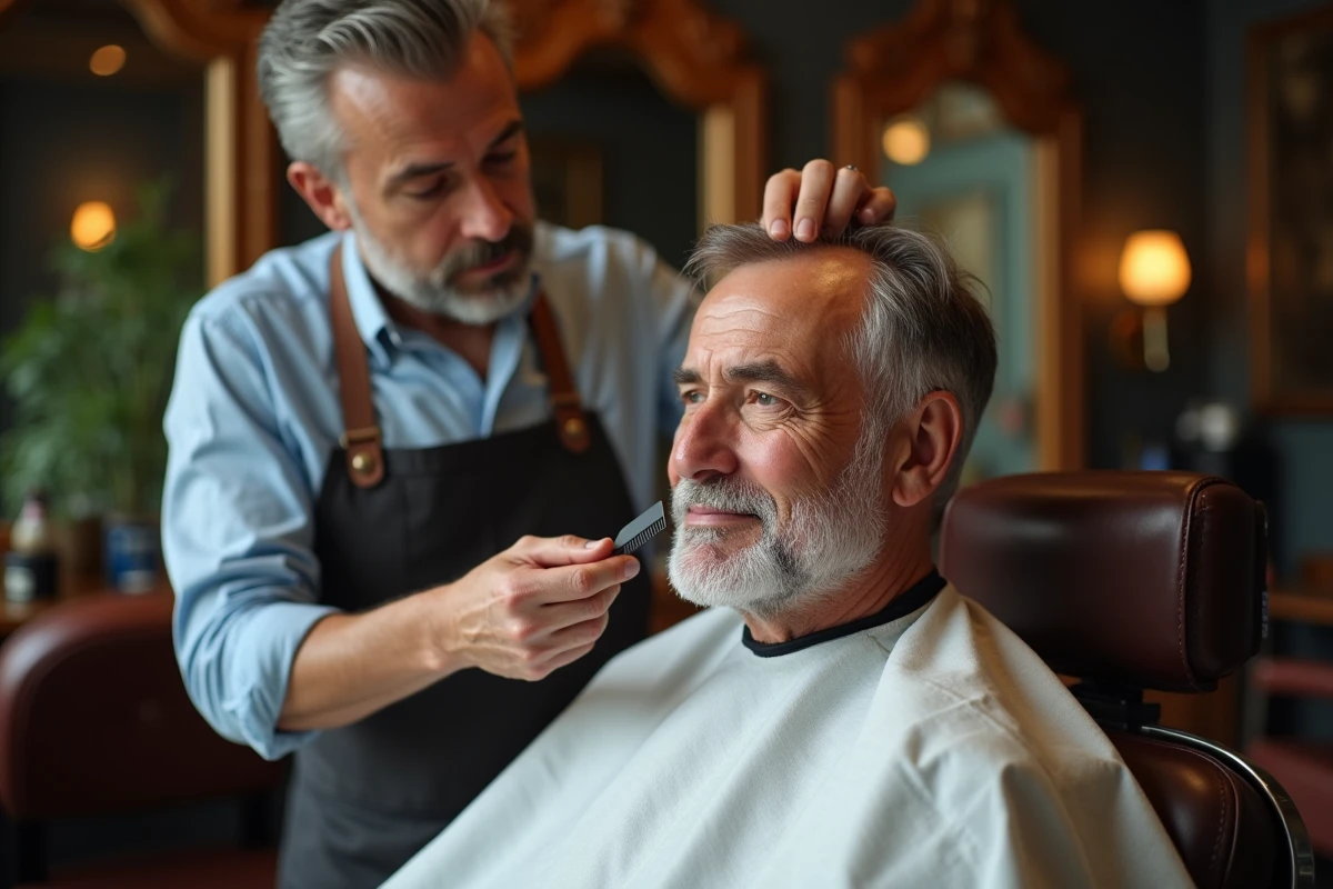 Barbier appliquant une coloration discrète sur les racines blanches d'un client en salon de coiffure