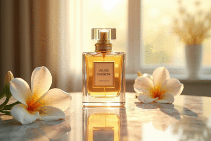 Bouteille de parfum élégante sur marbre refletée avec fleurs blanches
