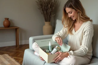 Femme déballant une box beauté mensuelle made in France sur un canapé en lin dans un appartement cosy