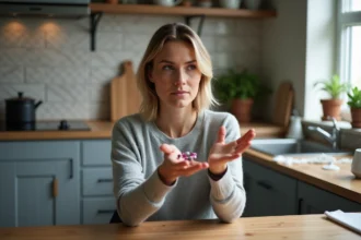 Femme contemplant un bracelet en tourmaline dans une cuisine moderne