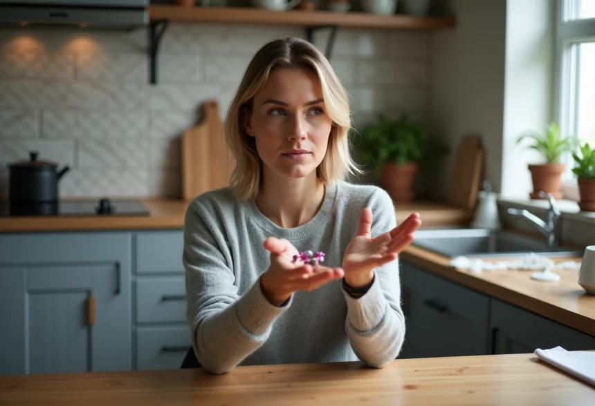 Femme contemplant un bracelet en tourmaline dans une cuisine moderne