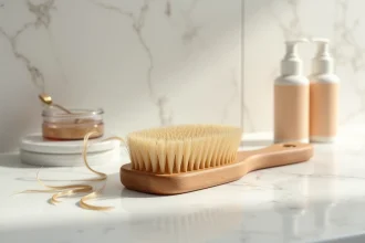 Brosse en bois avec poils de sanglier posée sur un plan de travail en marbre blanc pour cheveux ondulés