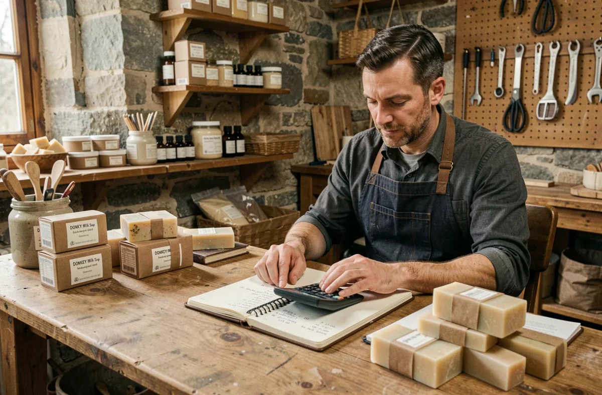Artisan calculant le prix de vente de savons au lait d'ânesse dans son atelier avec carnet et calculatrice