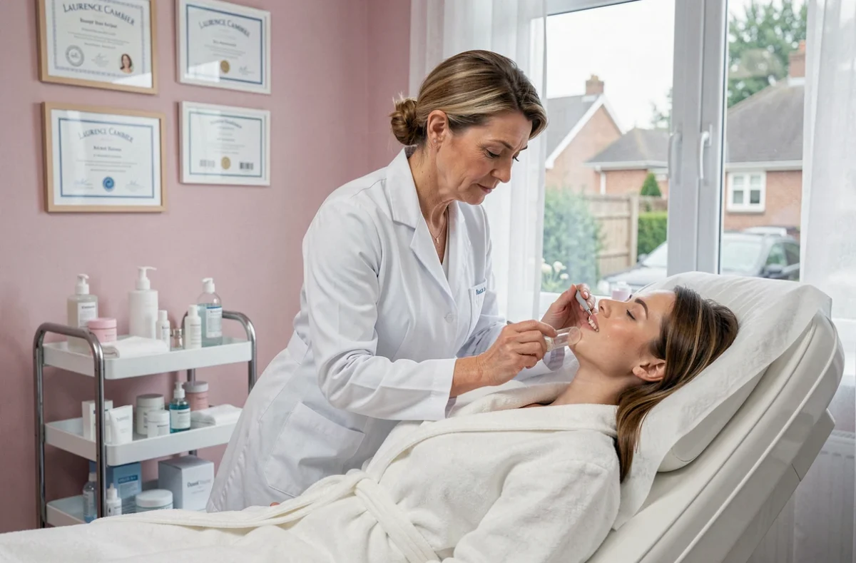 Esthéticienne Laurence Cambier réalisant un soin du visage professionnel dans son institut de beauté dans l'Hérault