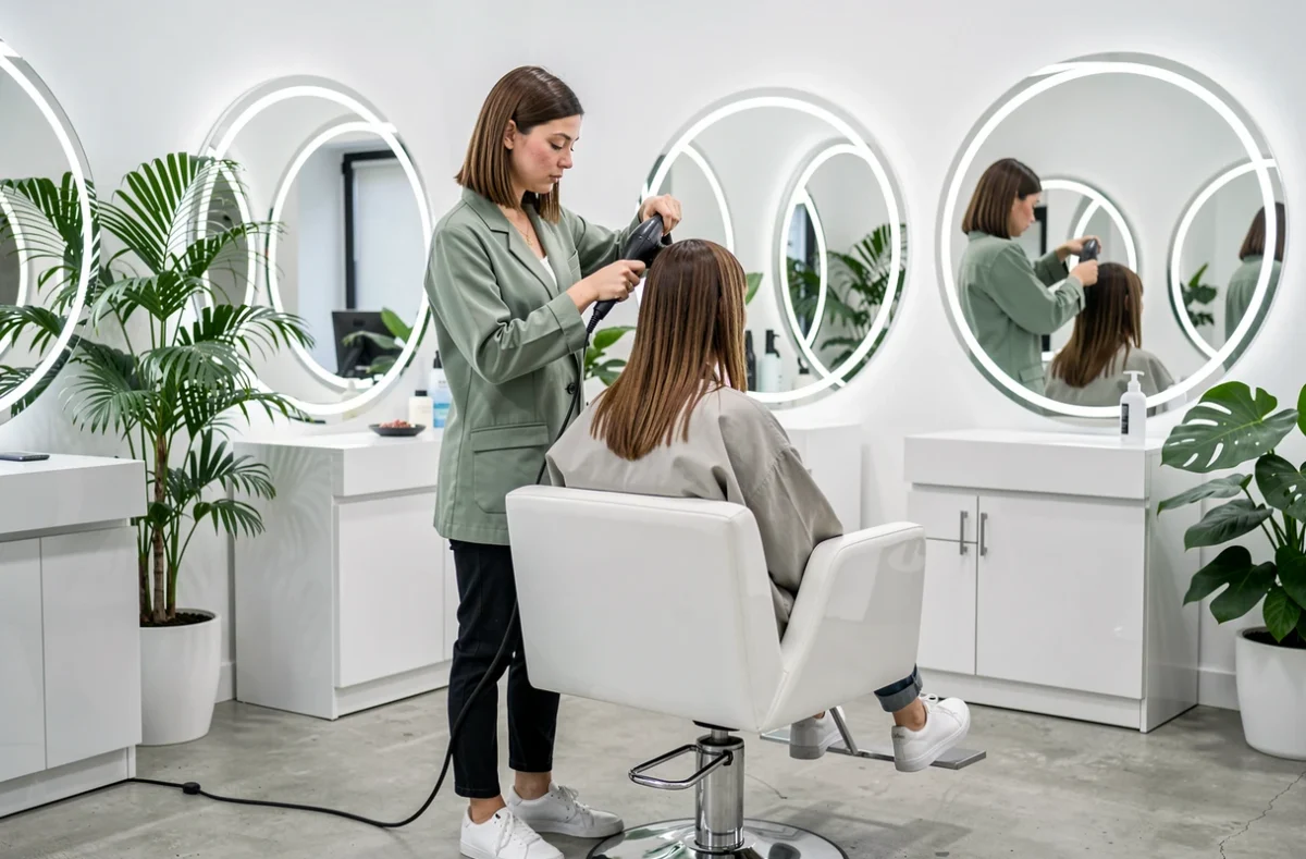 Jeune coiffeuse effectuant un brushing dans le salon moderne Captifsalon à Saint-Renan, avec un intérieur contemporain et des plantes vertes