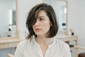 Femme au visage rond avec un carré plongeant court destructuré, coiffure tendance dans un salon scandinave épuré