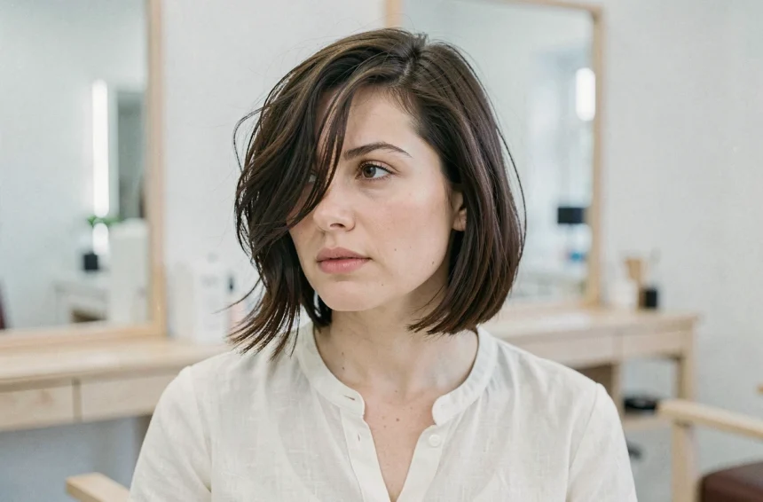 Femme au visage rond avec un carré plongeant court destructuré, coiffure tendance dans un salon scandinave épuré