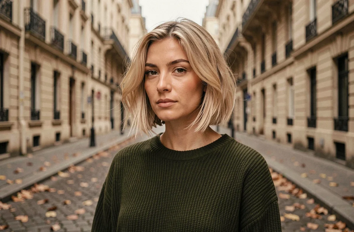 Femme au visage carré avec un carré plongeant destructuré court en extérieur dans une rue parisienne en automne