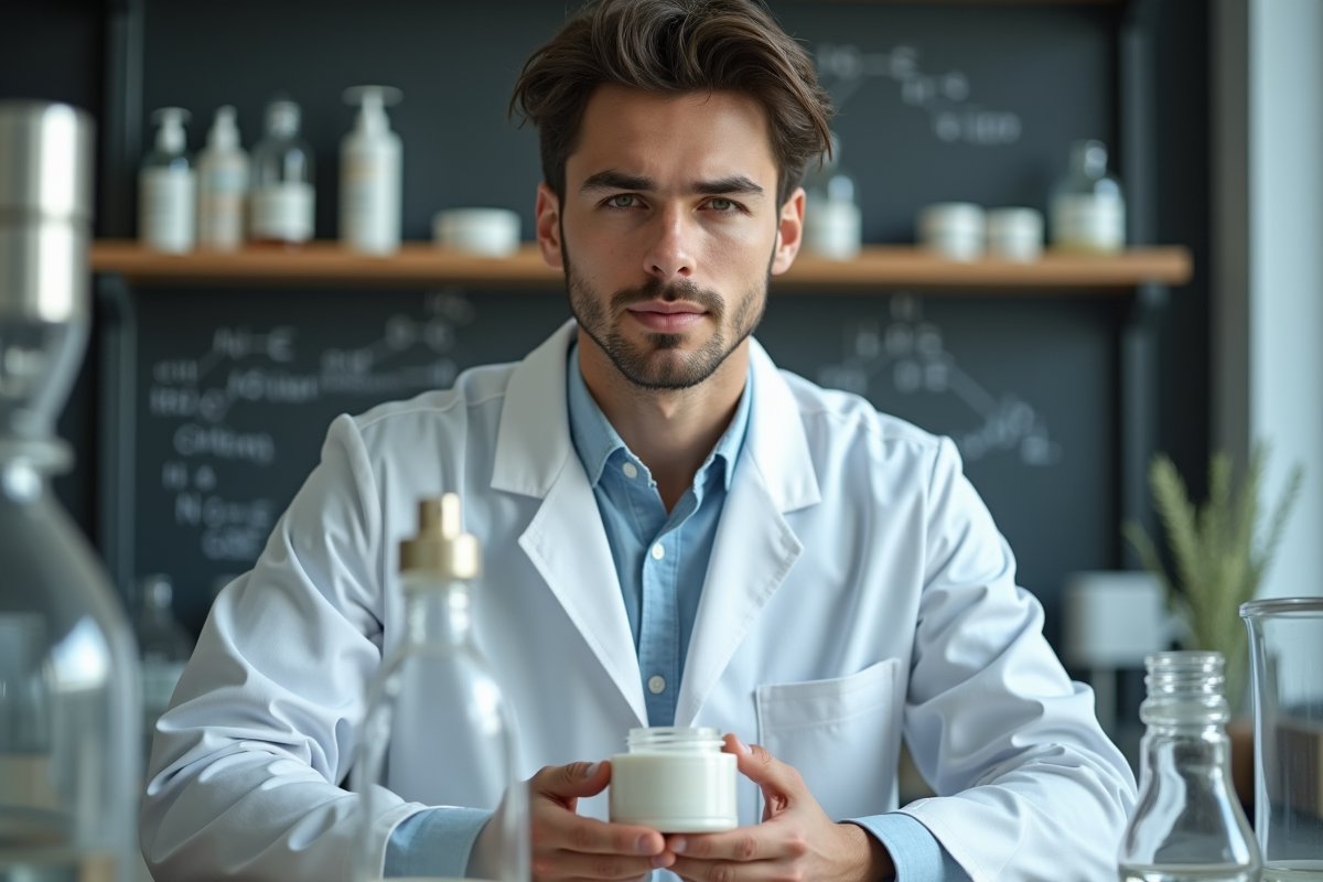 Jeune chimiste examinant un pot de creme en laboratoire