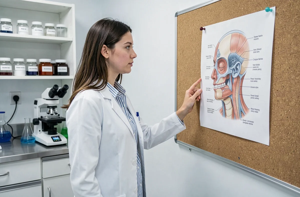 Chercheuse en génétique étudiant un diagramme anatomique du nez grec dans un laboratoire moderne