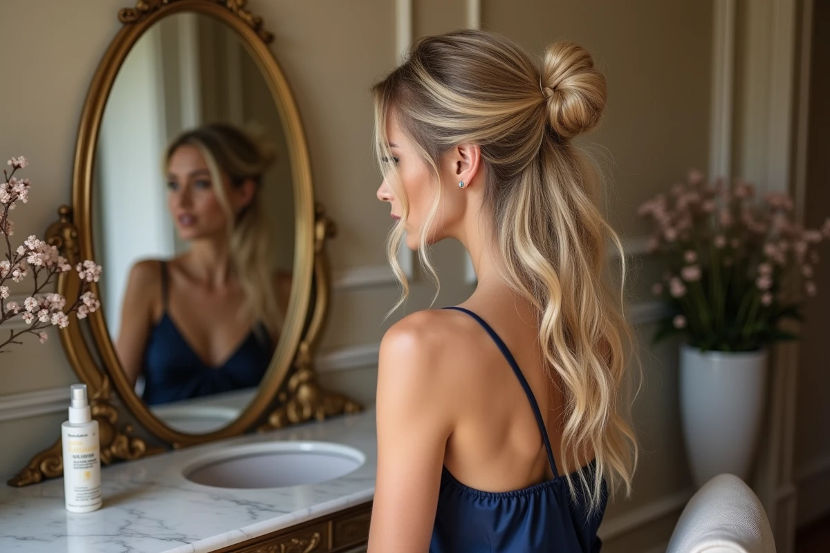 Femme blonde aux cheveux longs coiffés en chignon déstructuré effet sel de mer pour une soirée élégante, assise devant une coiffeuse avec un spray sel de mer posé sur le marbre