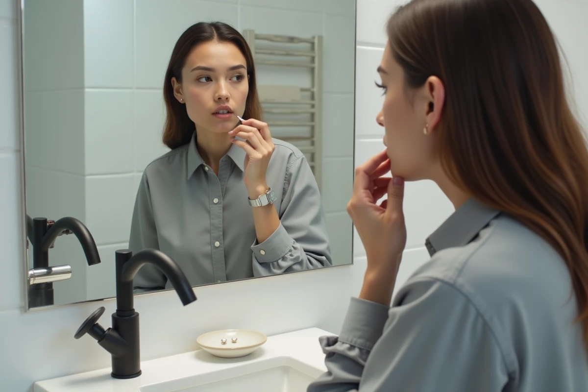 Femme comparant des bijoux de piercing labret discret et voyant devant un miroir dans une salle de bain minimaliste