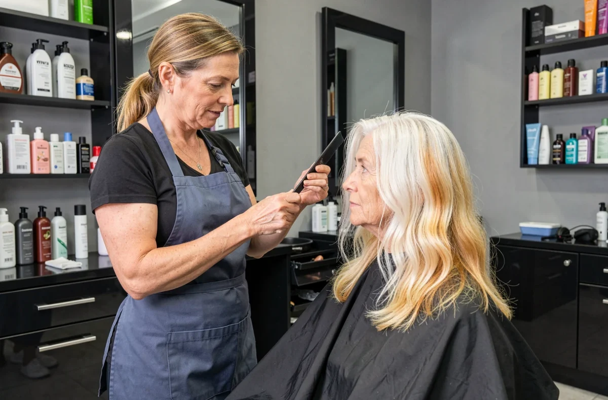 Coiffeuse professionnelle analysant les cheveux blancs décolorés par la bétadine d'une cliente en salon