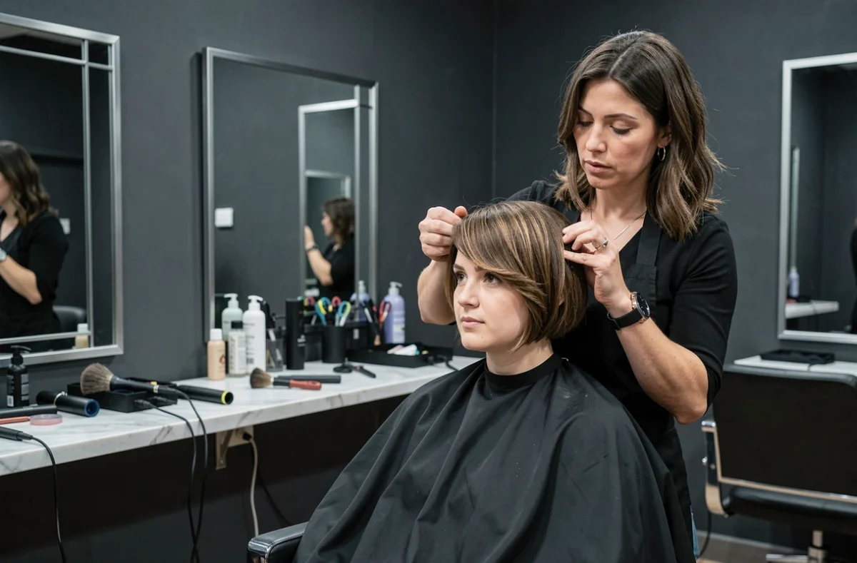 Coiffeuse travaillant un carré plongeant court destructuré sur une cliente au visage rond dans un salon de coiffure moderne