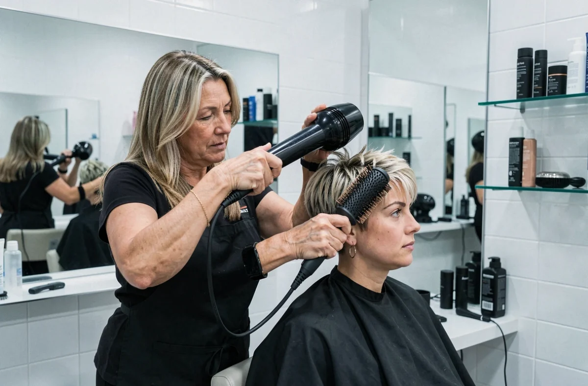 Coiffeuse professionnelle en train de styliser une coupe courte en couches pour une cliente au visage rond dans un salon moderne