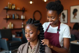 Coiffeuse professionnelle en train de réaliser des tresses afro sur une cliente dans un salon moderne, en évitant les erreurs de tension sur les racines
