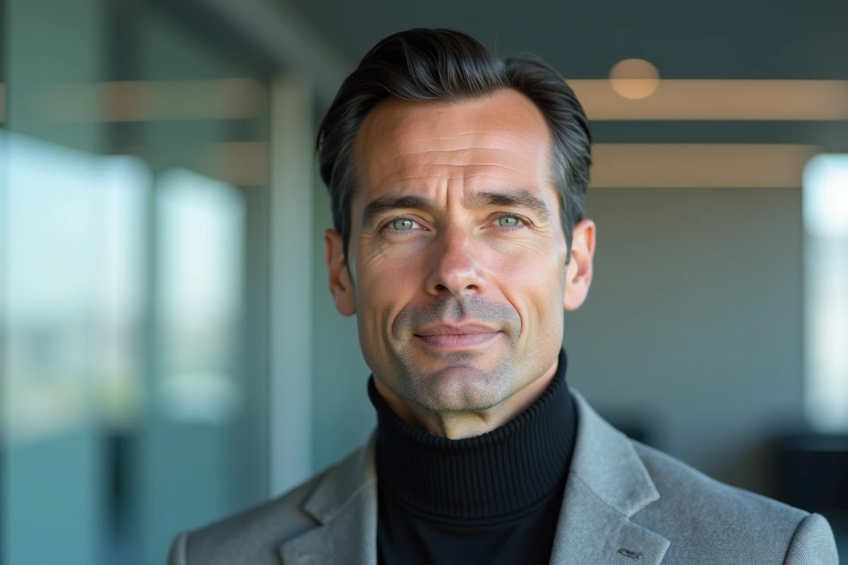 Homme cadre aux cheveux fins coiffés en arrière avec calvitie assumée dans un environnement professionnel moderne