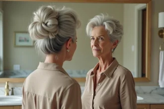 Femme aux cheveux blancs gris avec une coiffure rigide et vieillie devant un miroir de salle de bain moderne