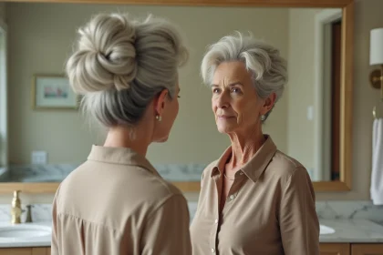 Femme aux cheveux blancs gris avec une coiffure rigide et vieillie devant un miroir de salle de bain moderne