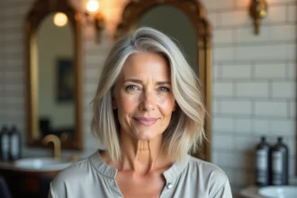 Femme de 70 ans avec visage rond et coupe de cheveux bob effilé aux reflets argentés dans un salon de coiffure parisien