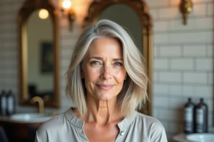Femme de 70 ans avec visage rond et coupe de cheveux bob effilé aux reflets argentés dans un salon de coiffure parisien