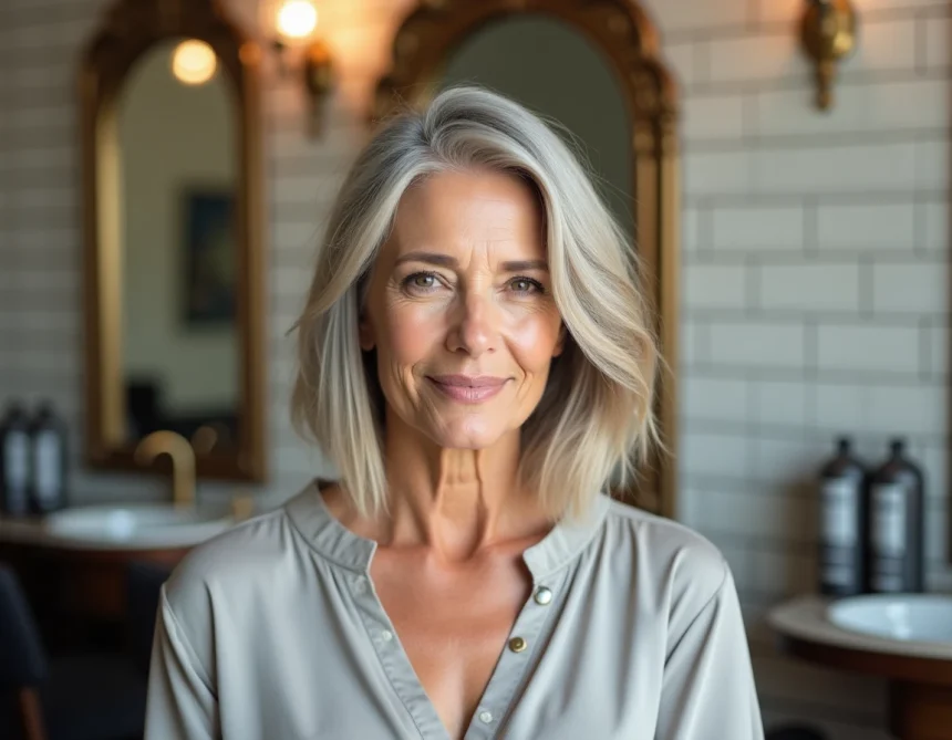 Femme de 70 ans avec visage rond et coupe de cheveux bob effilé aux reflets argentés dans un salon de coiffure parisien