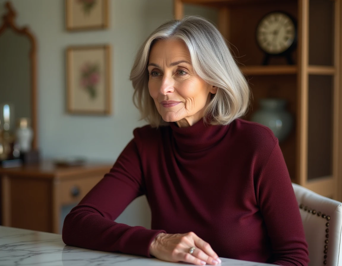 Femme de 70 ans au visage rond avec une coupe mi-longue effilée sel et poivre devant un miroir de coiffeuse à la maison