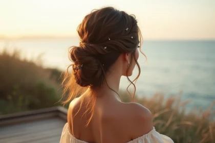 Femme aux longs cheveux ondulés coiffés en vagues effet plage avec un spray sel de mer, portant une robe ivoire épaules nues sur une terrasse en bois face à la mer au coucher du soleil