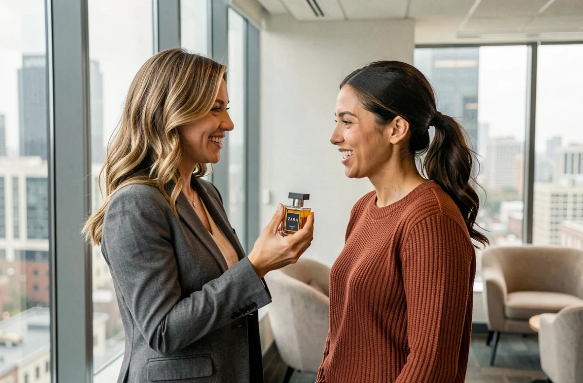 Deux femmes professionnelles partageant un moment de pause au bureau en découvrant un parfum Zara près d'une grande fenêtre
