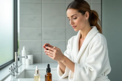 Femme examinant un sérum rétinol et une essence cosmétique sur un plan de travail en marbre blanc dans une salle de bain minimaliste