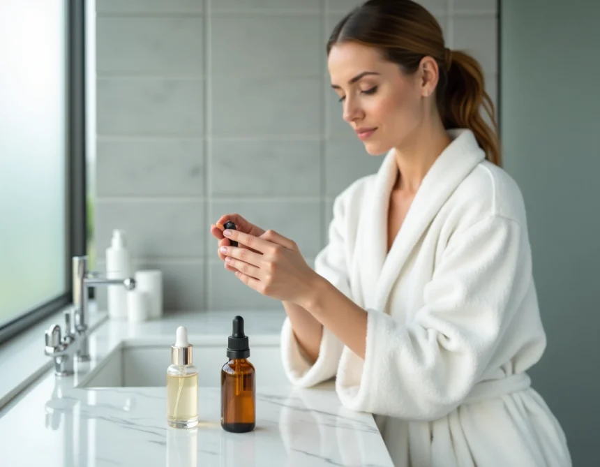 Femme examinant un sérum rétinol et une essence cosmétique sur un plan de travail en marbre blanc dans une salle de bain minimaliste