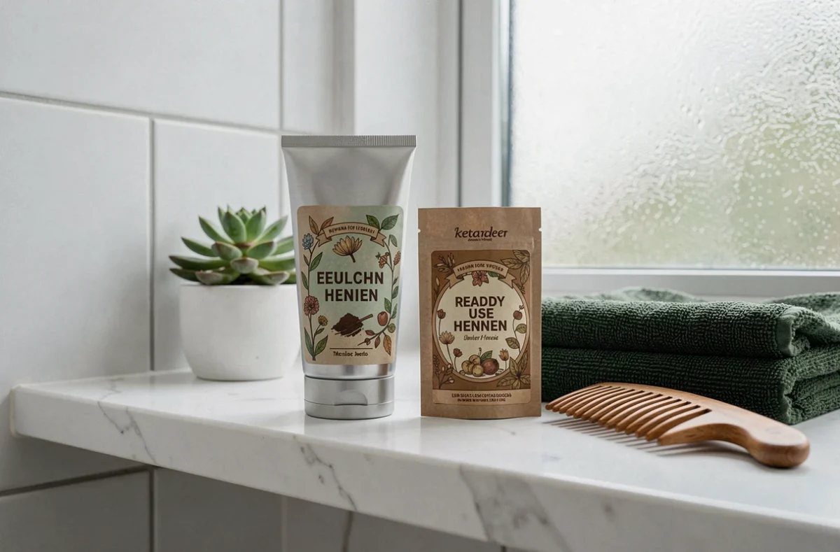 Comparaison entre tubes de henné prêt à l'emploi et sachet de henné en poudre posés sur une étagère de salle de bain