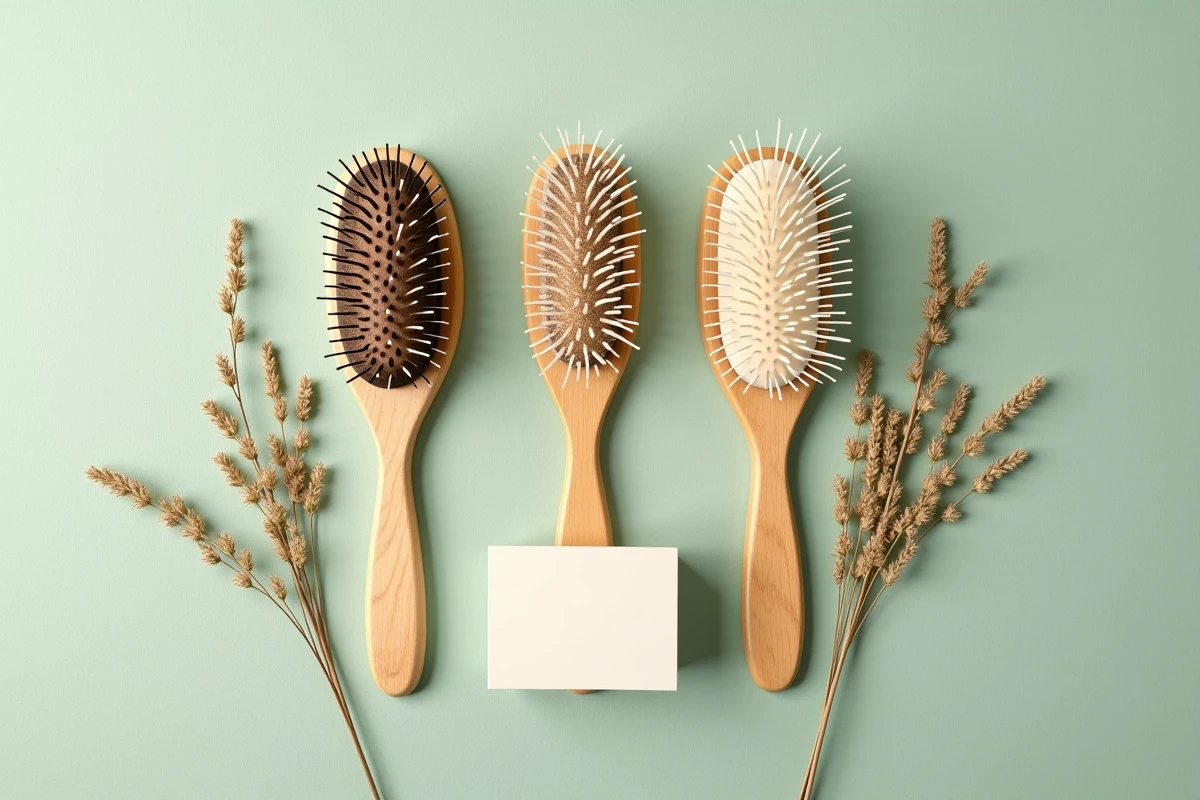 Comparatif de trois brosses pour cheveux ondulés aux matières différentes disposées en flat lay sur lin vert sauge