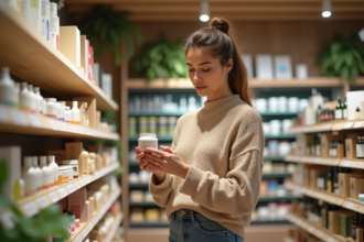 Femme lisant une étiquette de soin bio en supermarche