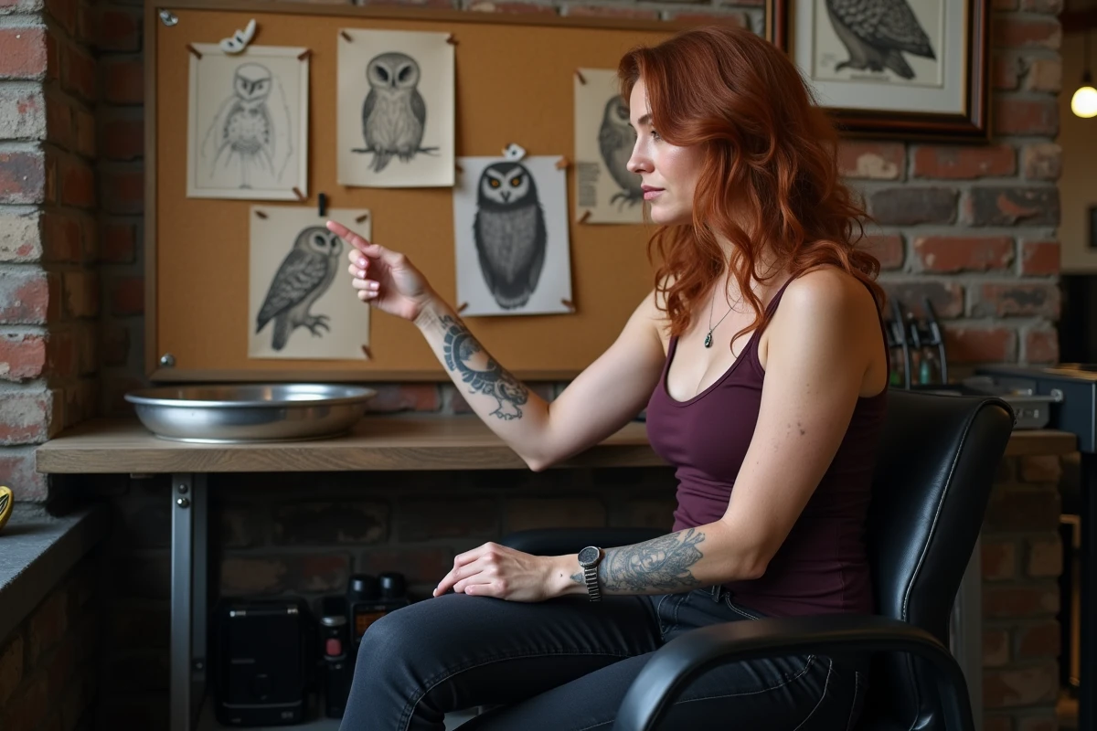 Jeune femme discutant d'un projet de tatouage hibou avec référence dessinée dans un studio de tatouage authentique