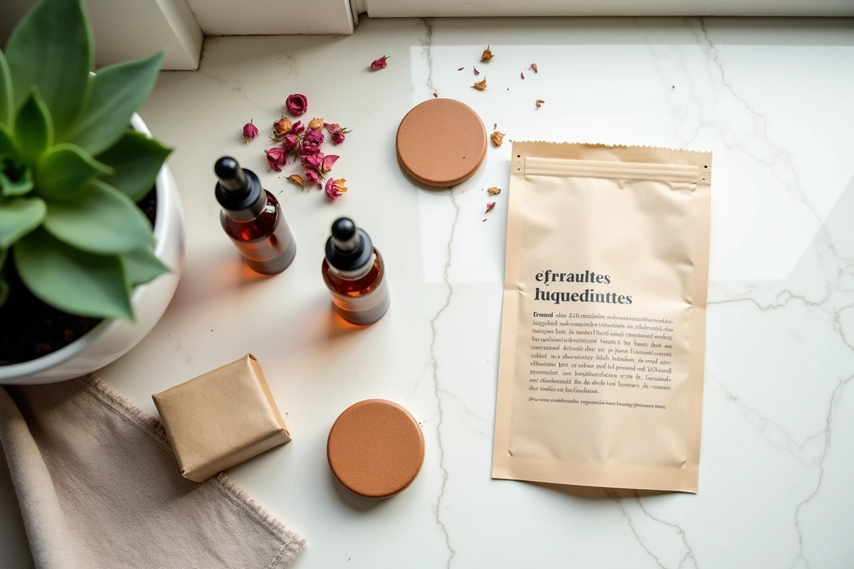 Contenu d'une box beauté éthique française en flat lay sur terrazzo avec produits naturels en petits formats
