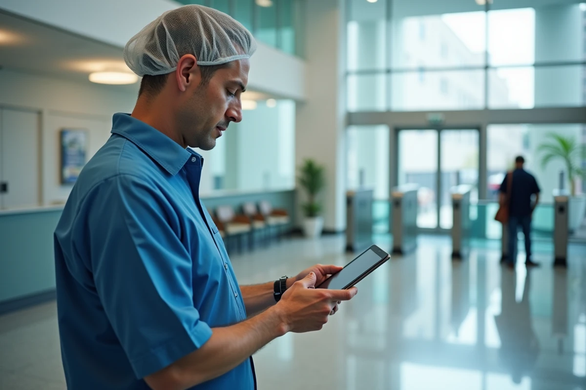 Homme en uniforme vérifiant un visiteur avec une tablette