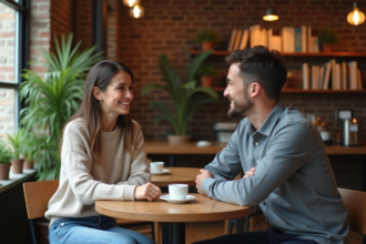 Femme souriante discutant avec un homme dans un café chaleureux