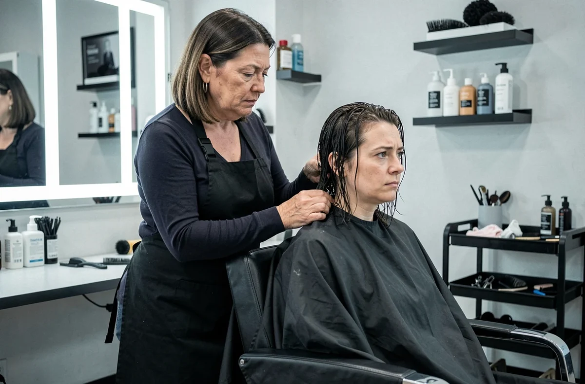 Coiffeuse professionnelle corrigeant les erreurs d'une coupe Cuenta asymétrique en salon