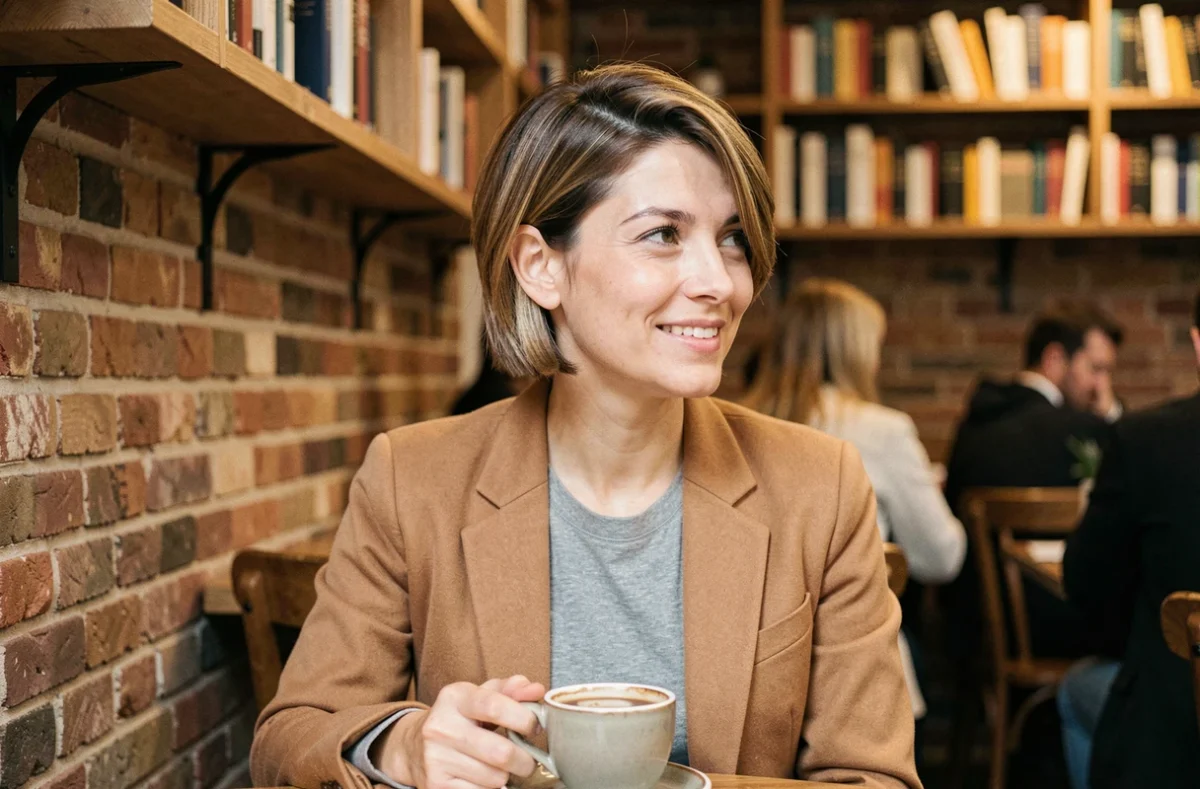 Femme avec une coupe asymétrique courte adaptée au visage rond, assise dans un café parisien avec une expression détendue
